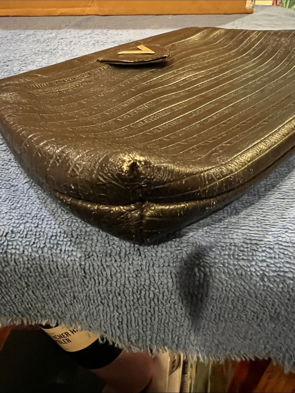 Valentino Black Leather V-Emblem Horizontal Embossed Clutch
